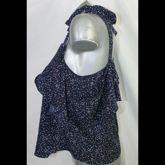 FRNCH COLD SHOULDER NAVY MULTI COLORED DESIGN RUFFLE CROP BLOUSE SIZE S - Picture 2 of 8